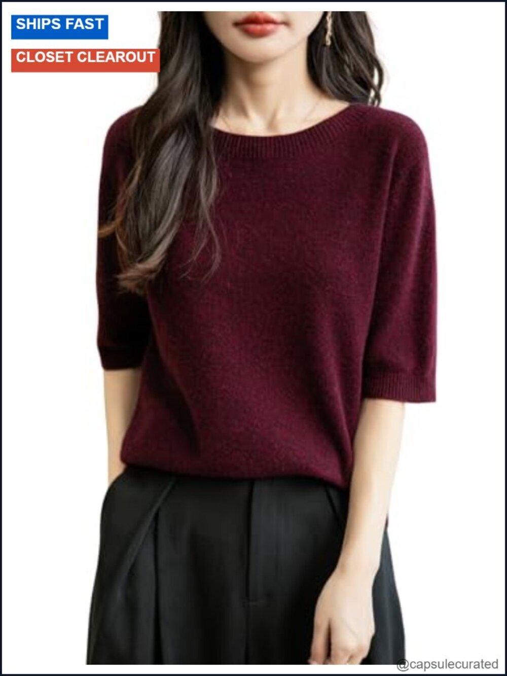 100% Merino Wool Seamless Knit Crewneck Short Sleeve Pullover Sweater